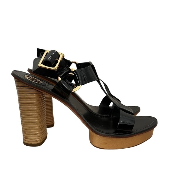 Tory Burch Black Leather Stacked Block Tan Platform Sandals 9.5 - Picture 1 of 10